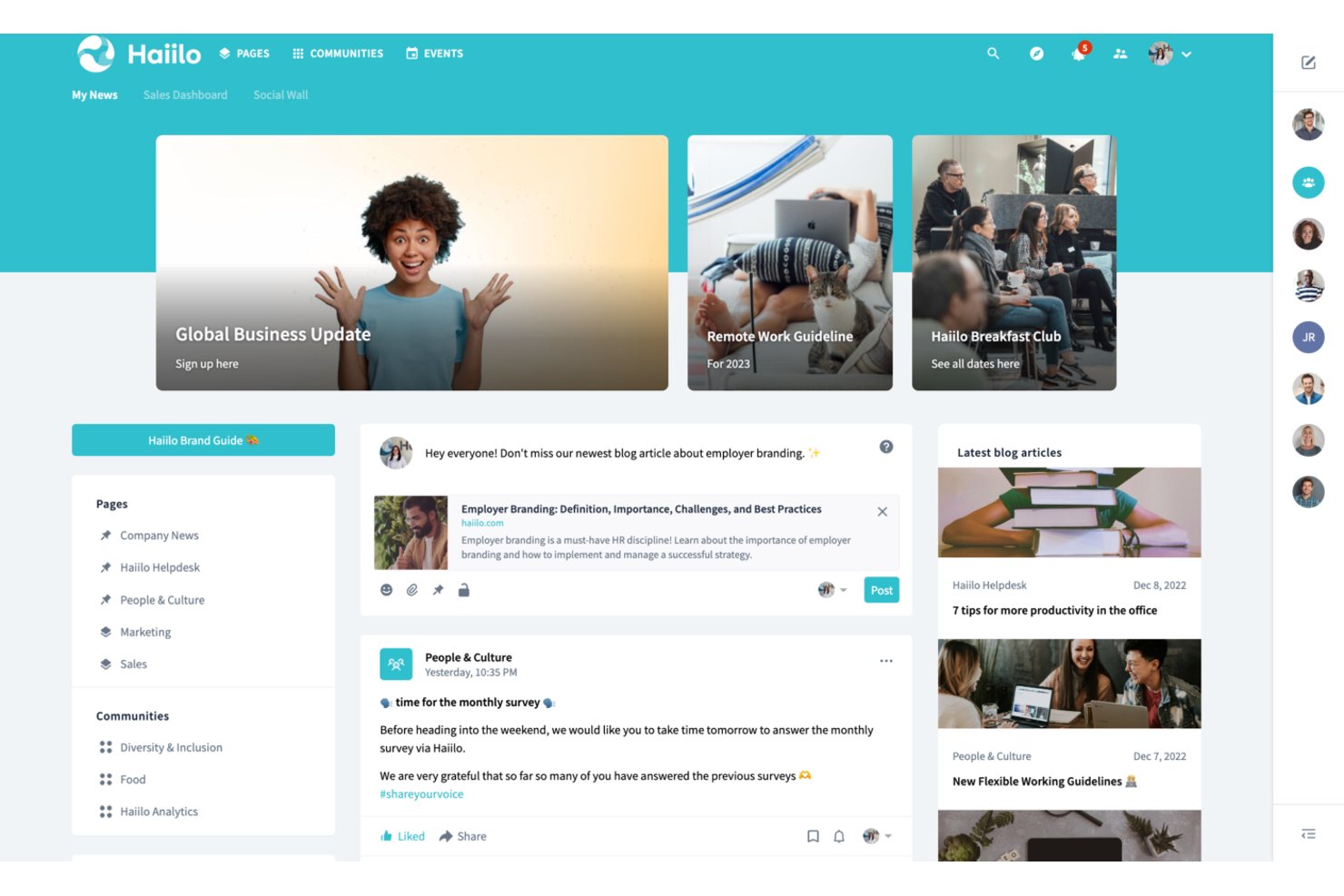 Panel de la intranet de Haiilo que muestra el flujo de noticias, las páginas, las comunidades y los artículos del blog.