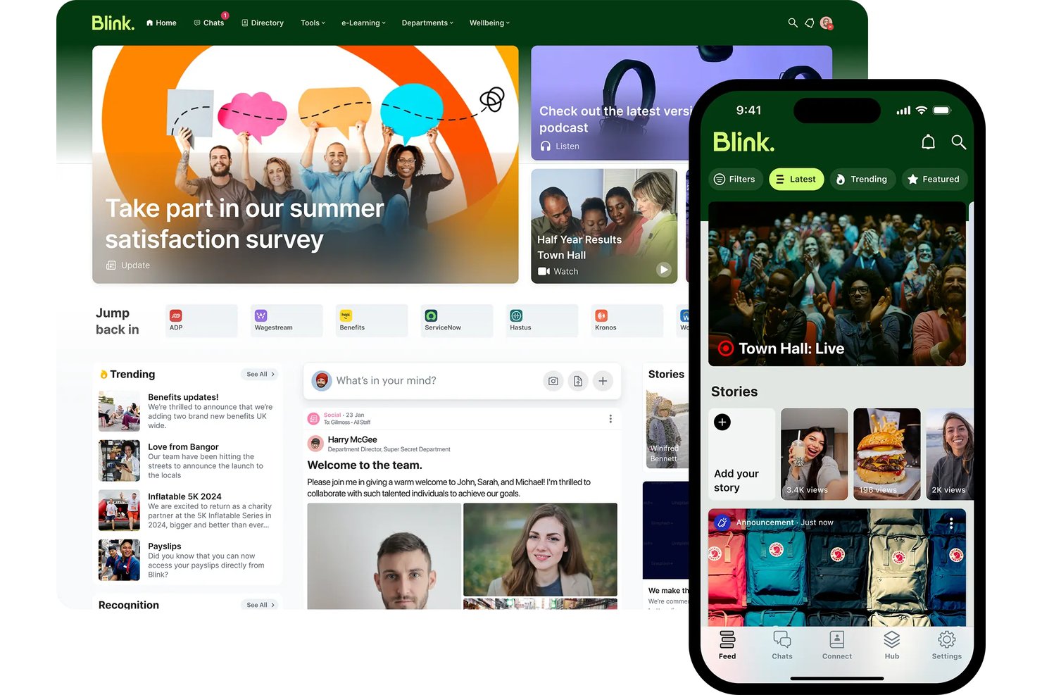 La aplicación de intranet de Blink para escritorio y dispositivos móviles muestra el canal, las historias y las herramientas.