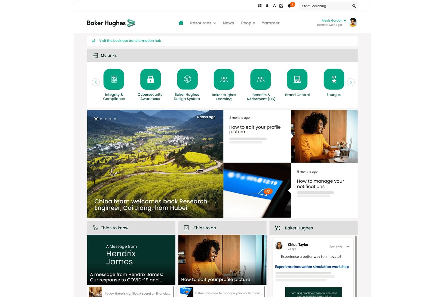 Página de inicio de la intranet de Unily con navegación, enlaces rápidos, mosaicos de noticias y fuente de Yammer.