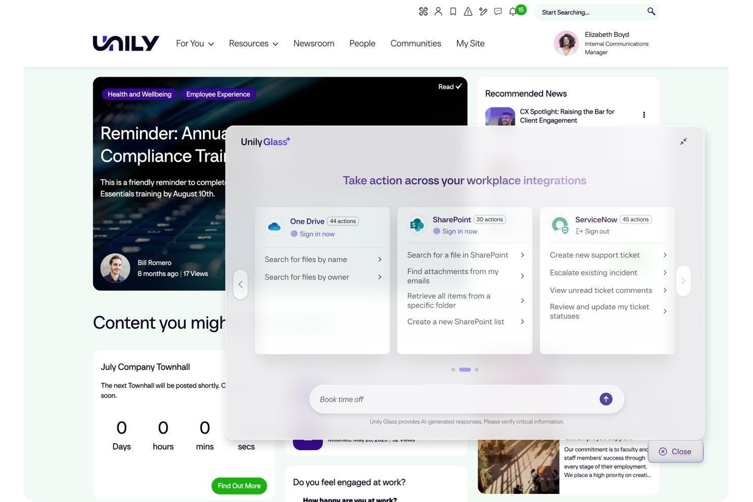 Unily Glass AI-panel som visar integrationer med OneDrive, SharePoint och ServiceNow.