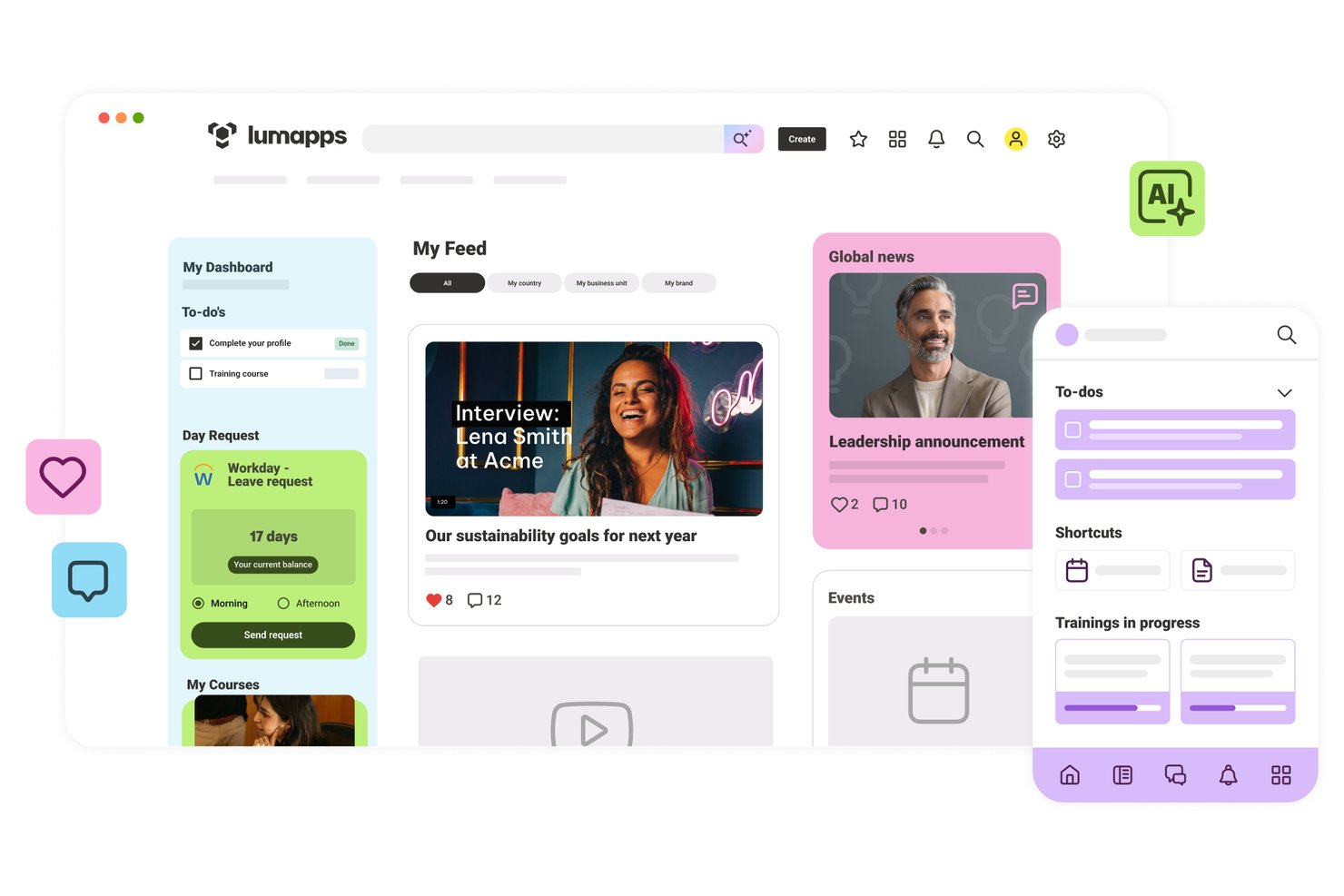 Panel de intranet de LumApps que muestra widgets de fuentes, tareas pendientes, noticias y solicitudes del día.