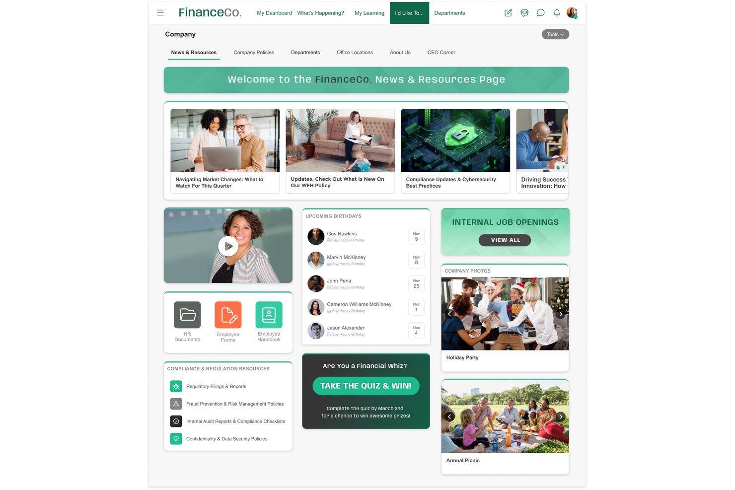 Página de inicio de la intranet de MangoApps que muestra noticias, cumpleaños, ofertas de empleo y recursos.