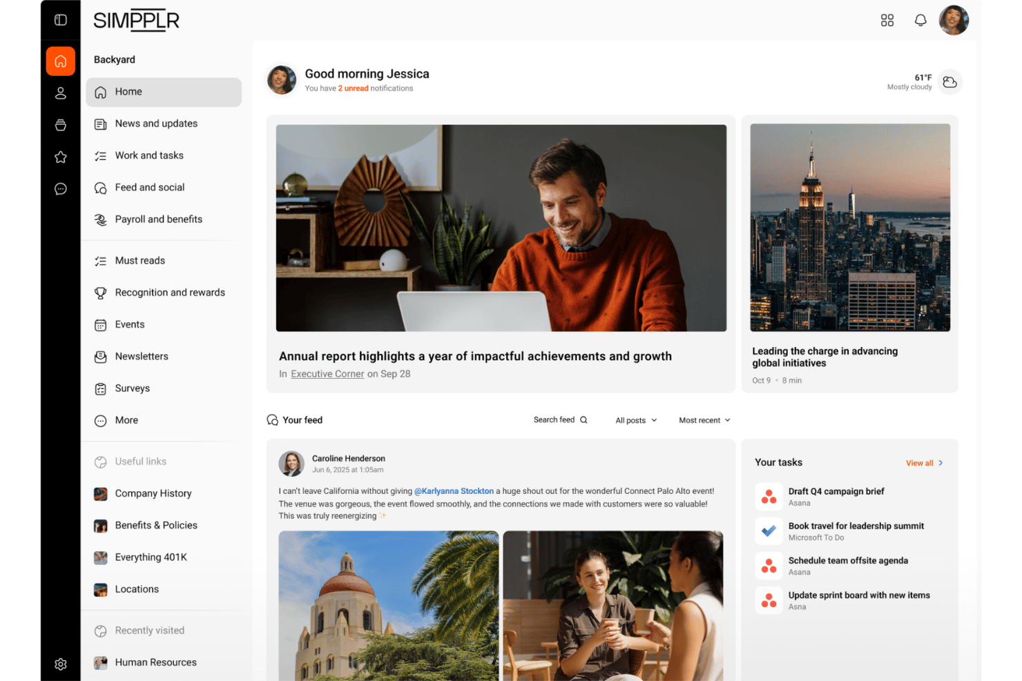 Panel de inicio de la intranet de Simpplr que muestra noticias, una fuente social y una lista de tareas.
