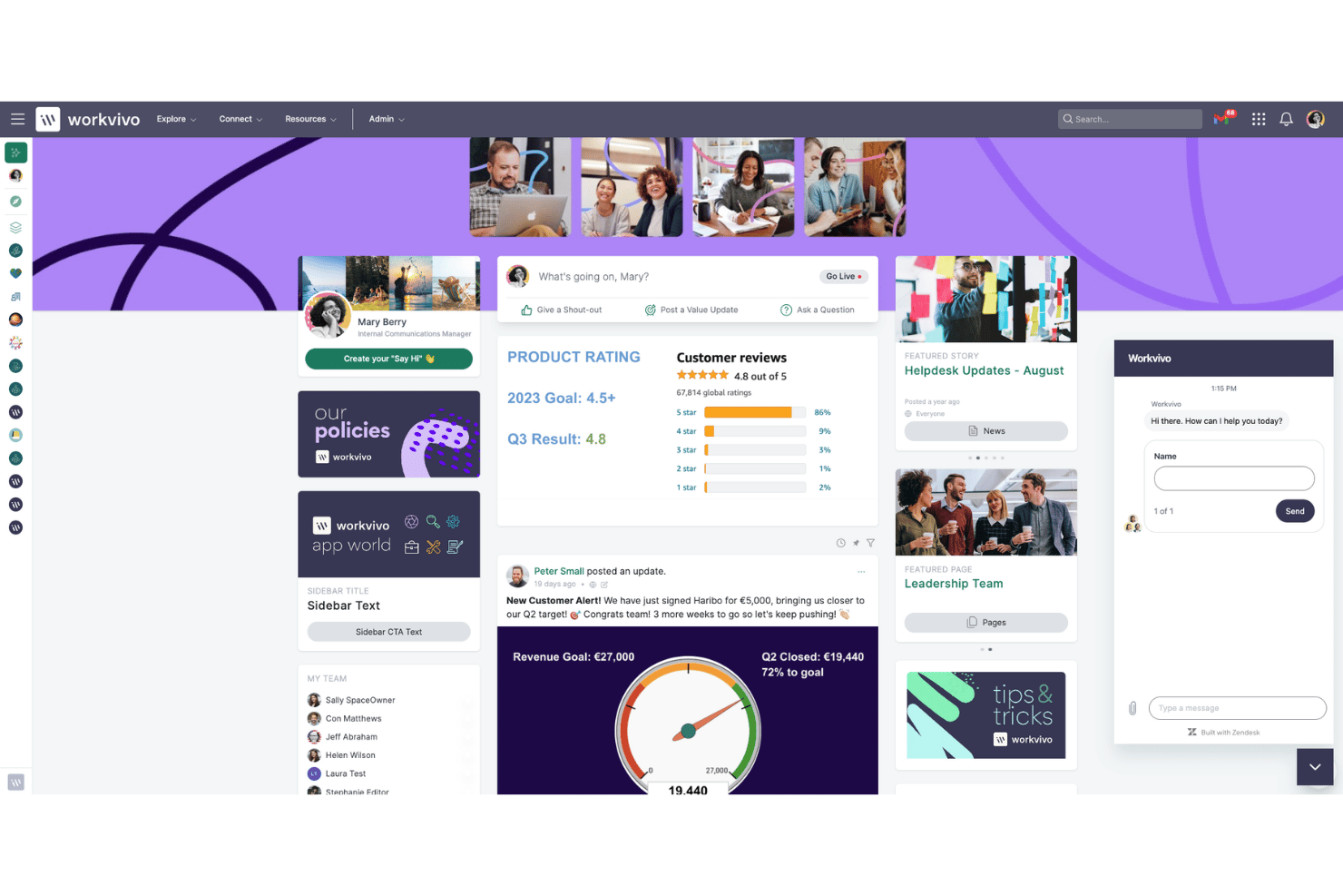 Panel de la intranet de Workvivo que muestra el feed de empleados, las valoraciones del producto y las actualizaciones del equipo.