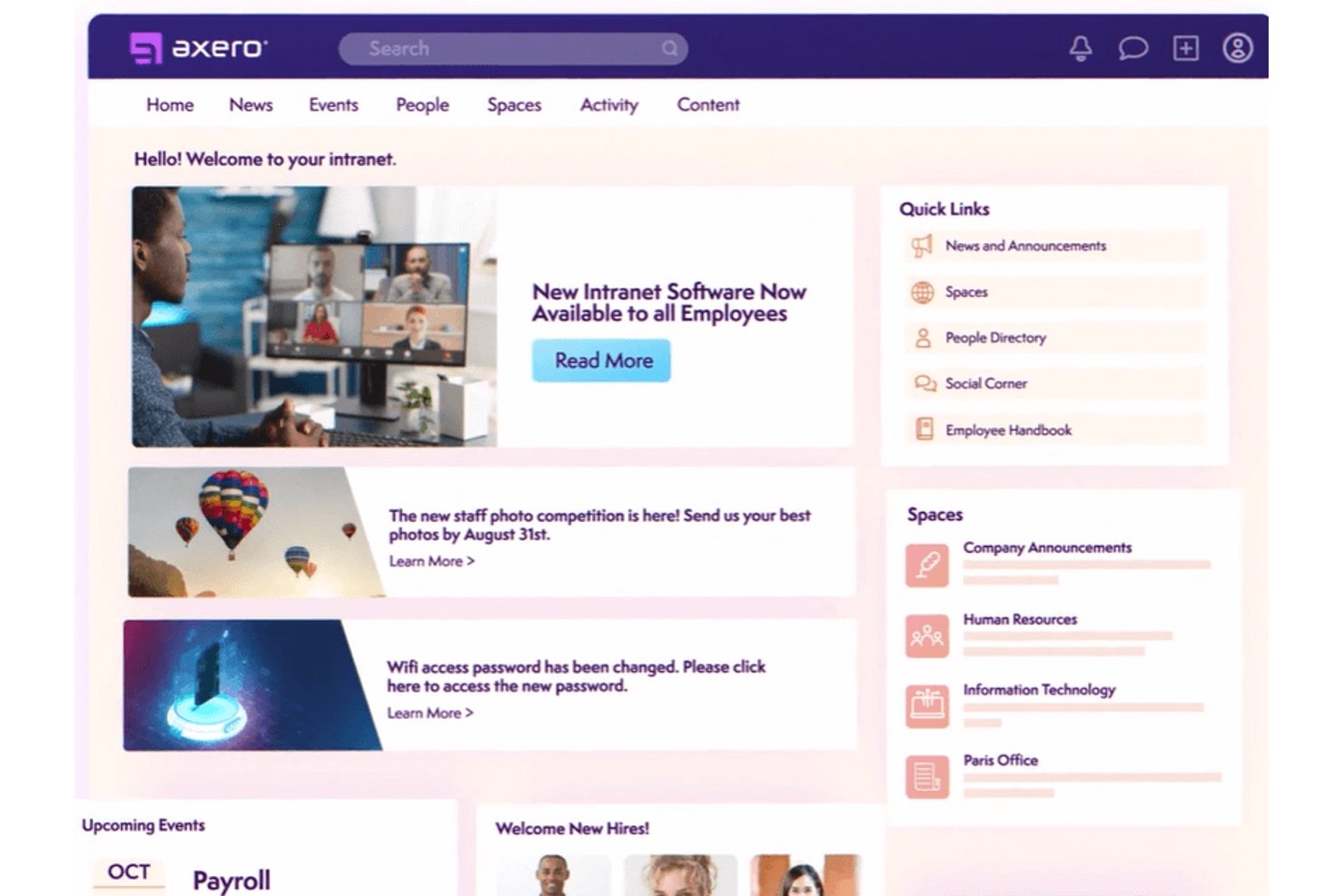 Axeros intranetforside med nyhedsfeed, hurtige links og sidepanel med områder.
