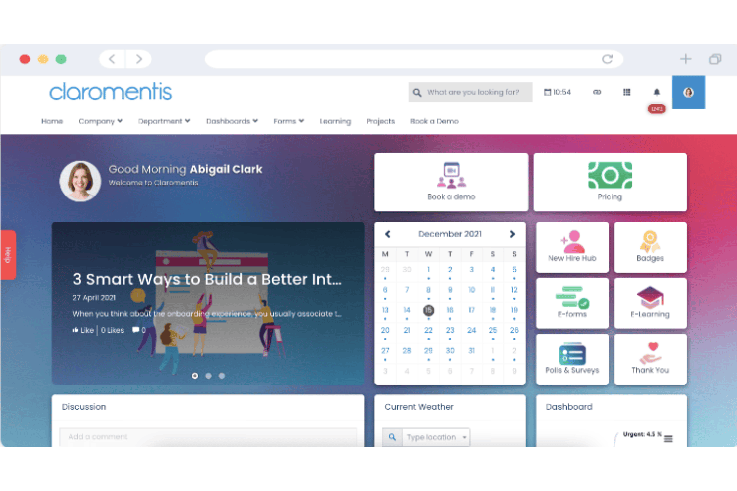 Panel de la intranet de Claromentis con calendario, mosaicos de acceso rápido y fuente de noticias.