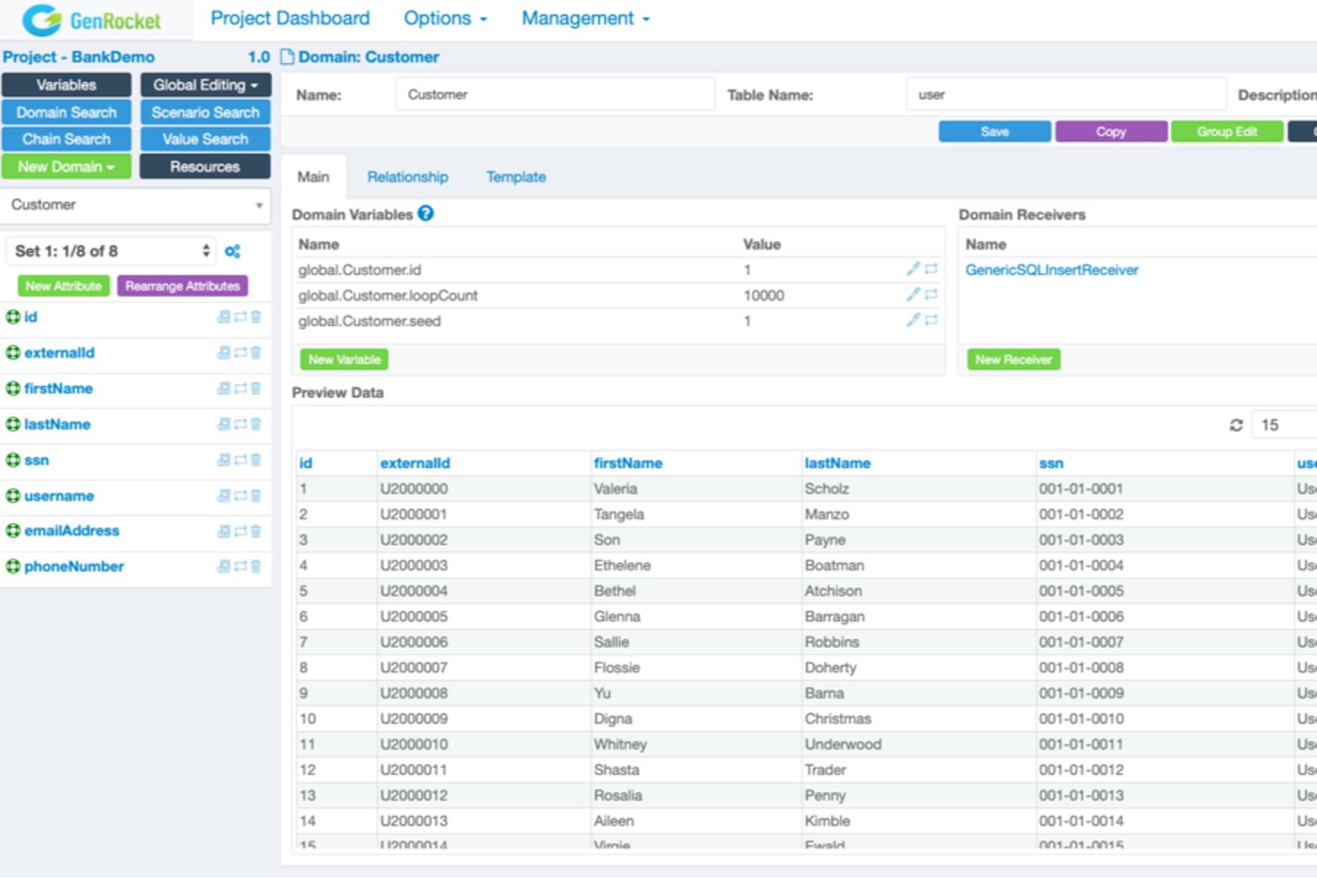 GenRocket dashboard showing Customer domain with generated test data preview table.