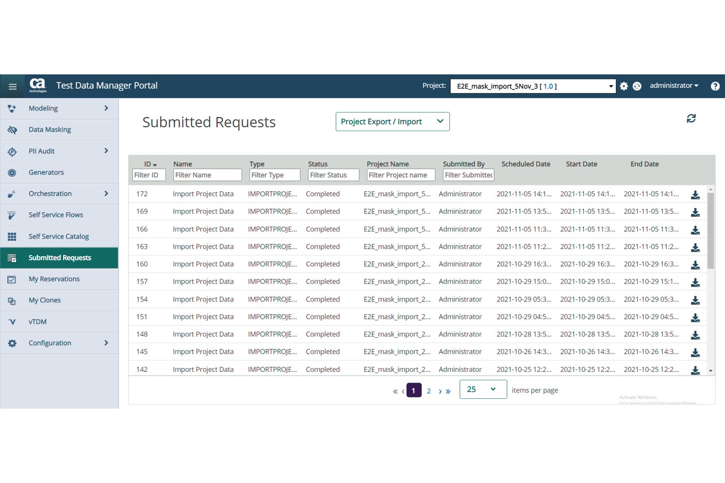 Broadcom Test Data Manager portal showing submitted project import requests with statuses.