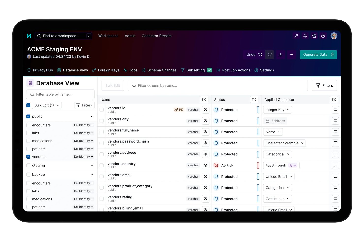 Tonic.ai database view showing column-level data protection and generator settings.