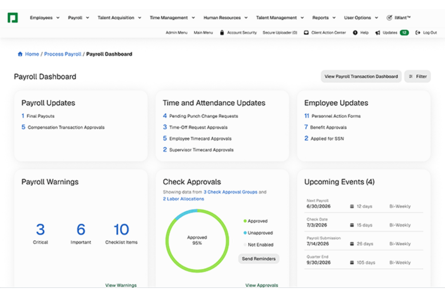 Paycoms løndashboard, der viser opdateringer, advarsler, godkendelser og kommende lønbegivenheder.