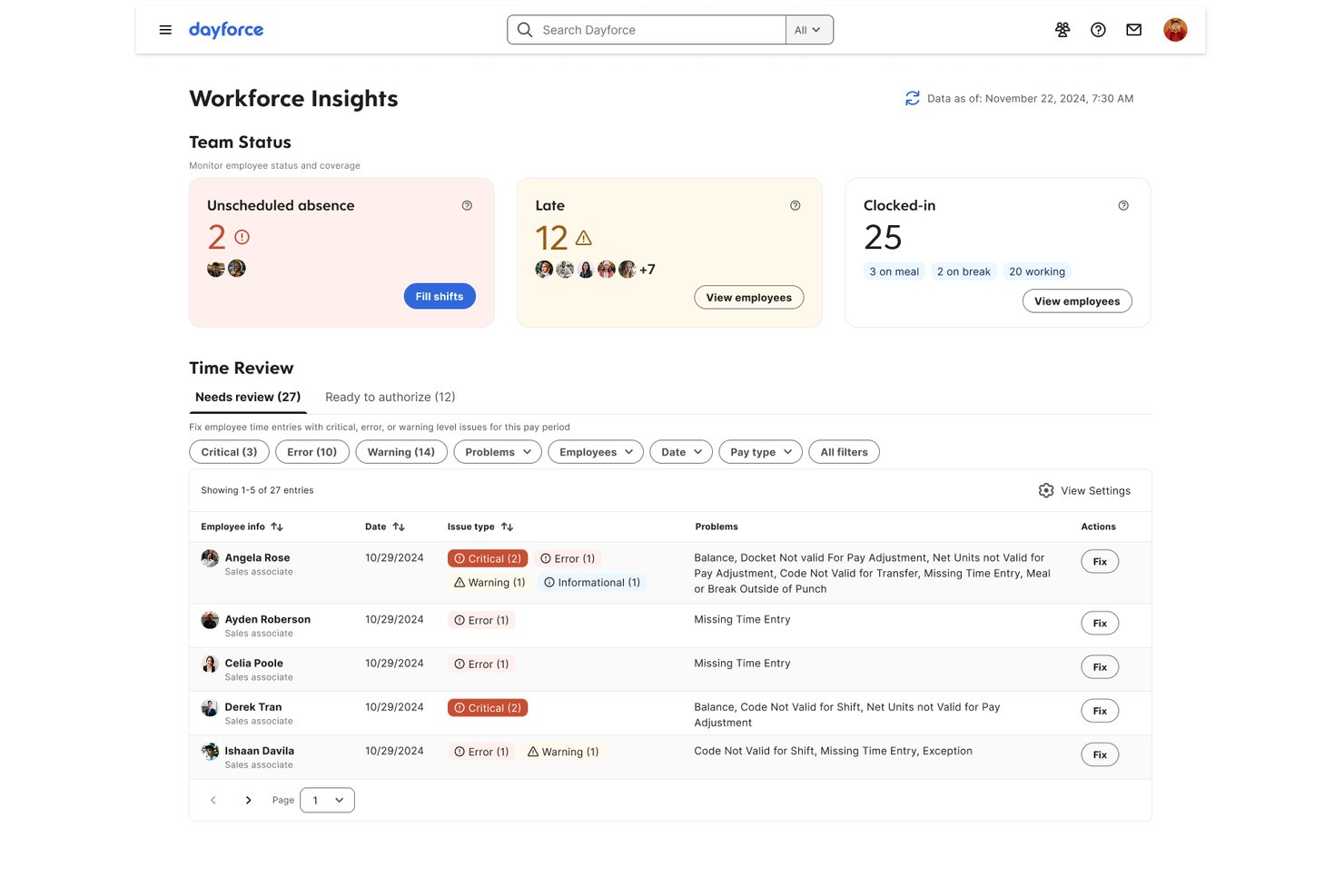 Dayforce Workforce Insights dashboard showing team status and time review entries.