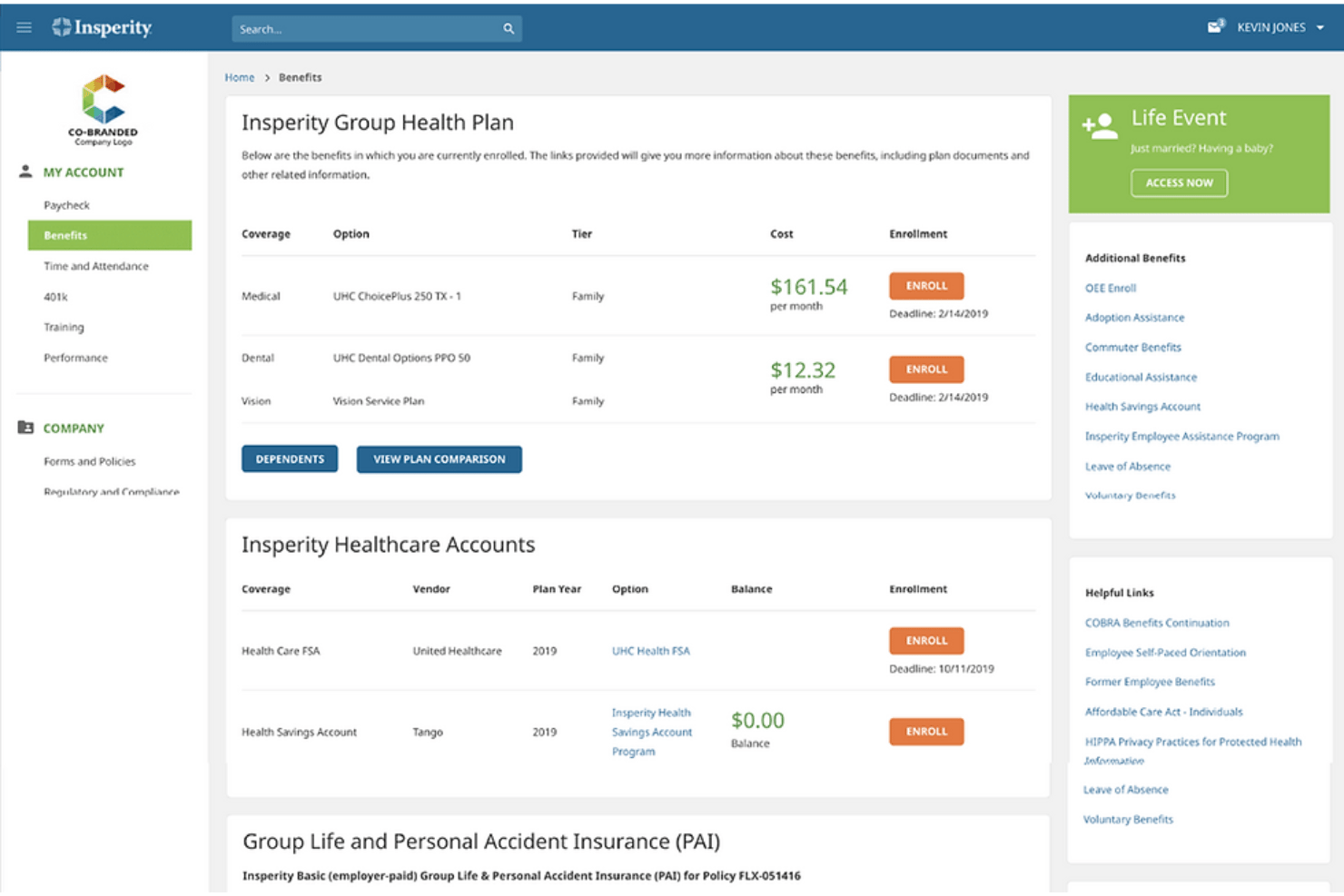 Insperity benefits portal showing health plan enrollment options and costs.