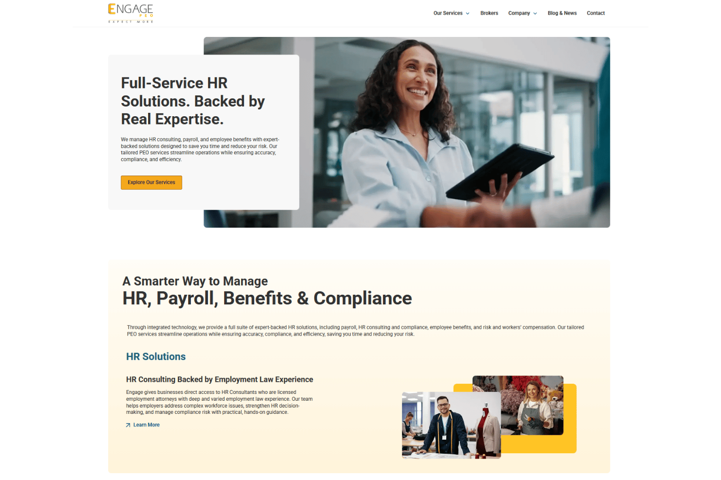 Engage PEO website homepage showing HR and payroll services overview.