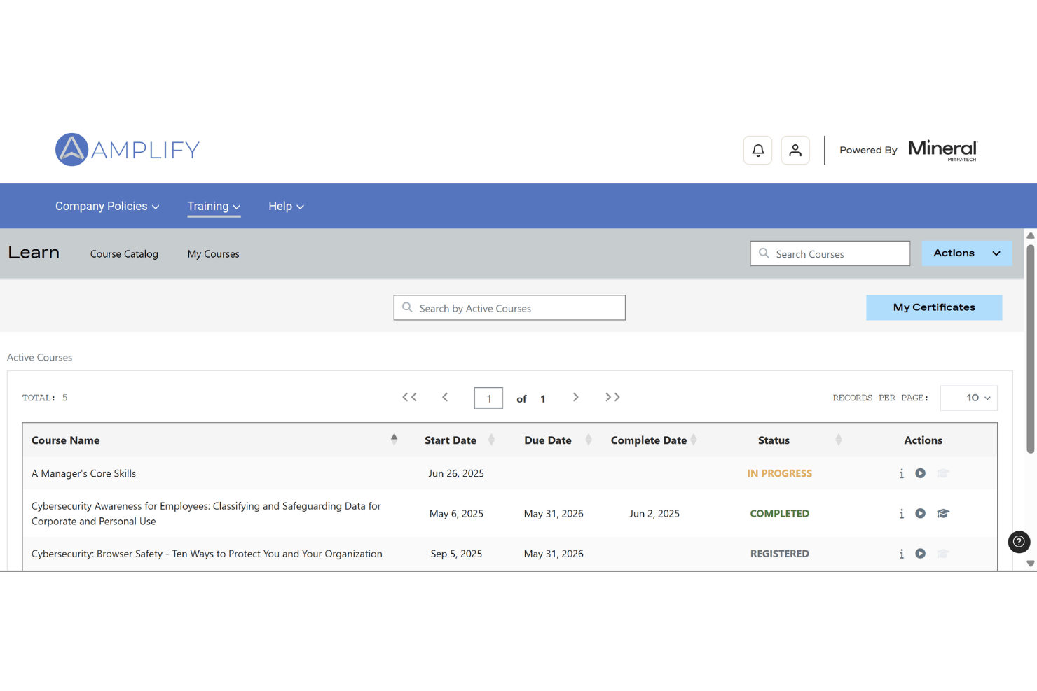 Amplify training portal showing five active courses with status and due dates.