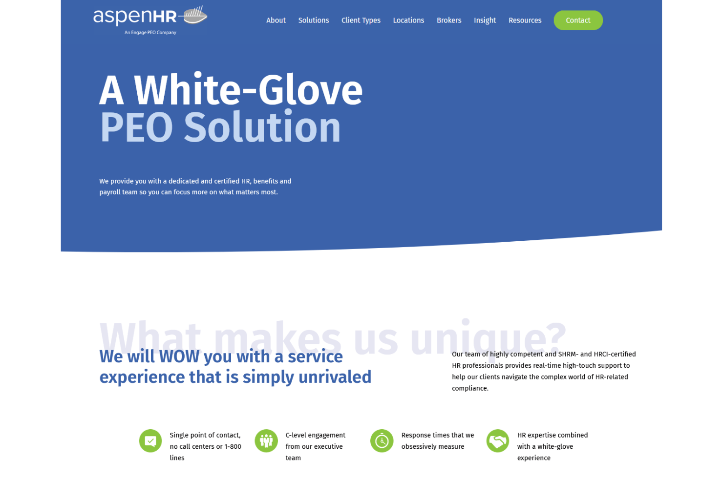 Aspen HR website homepage showing white-glove PEO solution headline and features.