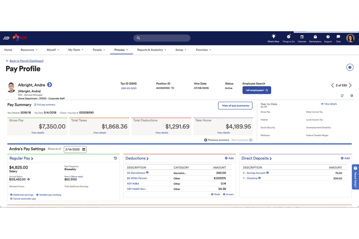 ADP TotalSource Pay Profile dashboard showing payroll summary and pay settings.