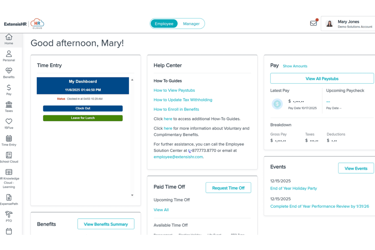 ExtensisHR employee dashboard showing time entry, pay, PTO, and benefits widgets.