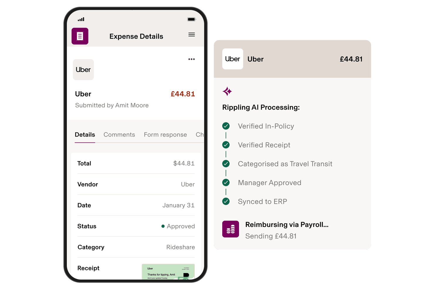 Application mobile Rippling Spend affichant les détails d’une dépense Uber, les étapes du traitement par l’IA et le statut du remboursement.