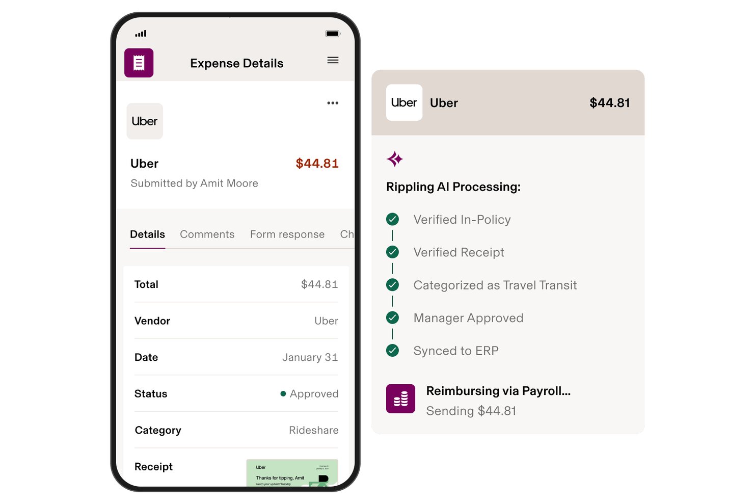 Scherm met uitgavendetails van Rippling Spend waarop Uber $44.81 door AI verwerkt en goedgekeurd wordt weergegeven.