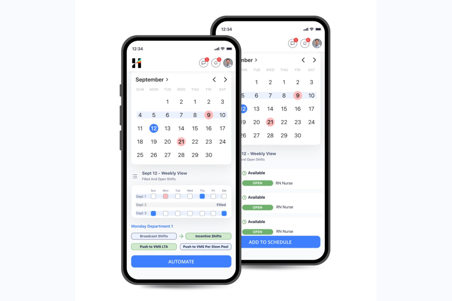 Mobilapp som visar en septemberkalender med veckovis schemaläggning av arbetspass för sjuksköterskeavdelningar.
