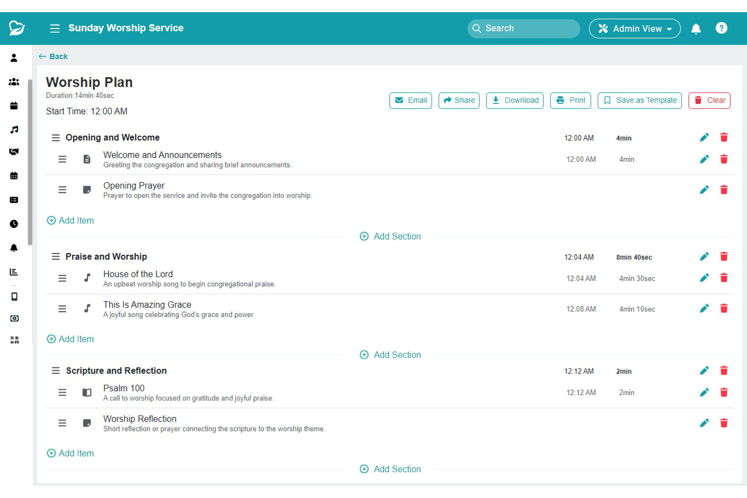 Interface voor eredienstplanning van ChMeetings met secties, liederen en geplande tijden.