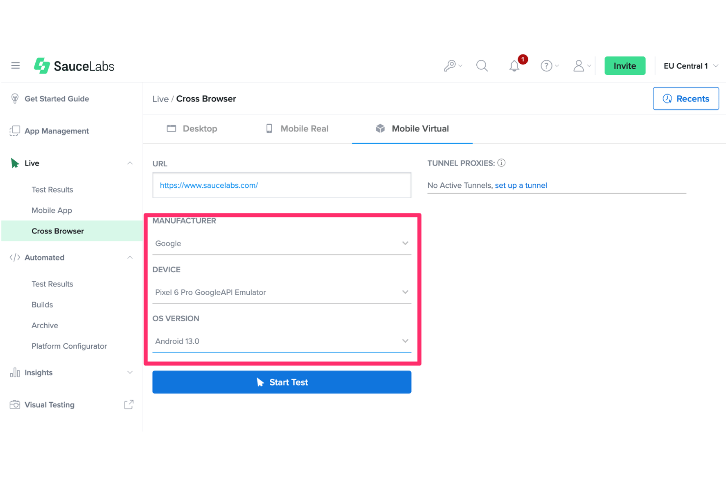 Pestaña móvil virtual entre navegadores de Sauce Labs que muestra la selección de dispositivos y el botón Iniciar prueba.