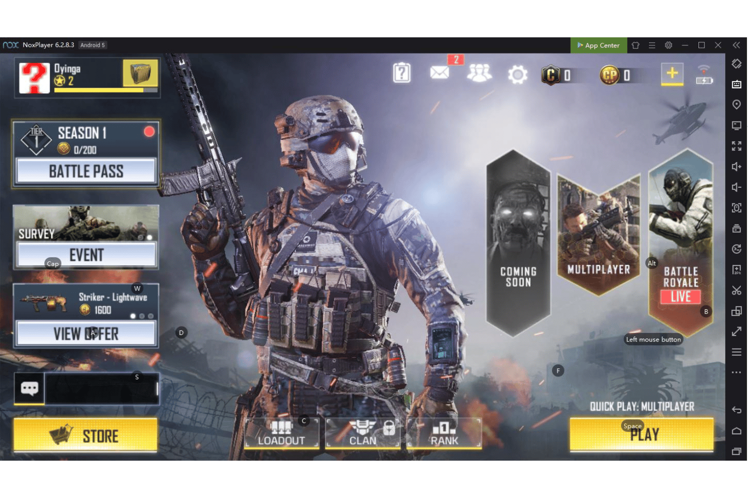 NoxPlayer exécutant Call of Duty Mobile avec le menu du jeu et le bouton Jouer visibles.