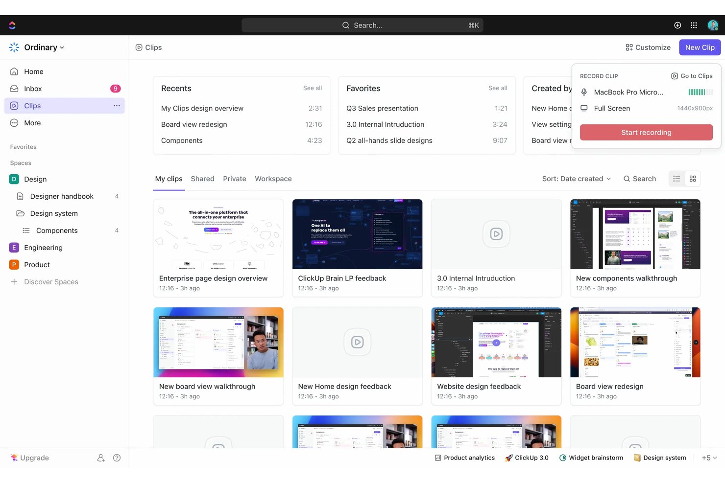ClickUps instrumentpanel för klipp som visar ett rutnät med videoinspelningar och en rullgardinsmeny för inspelning av nya klipp.