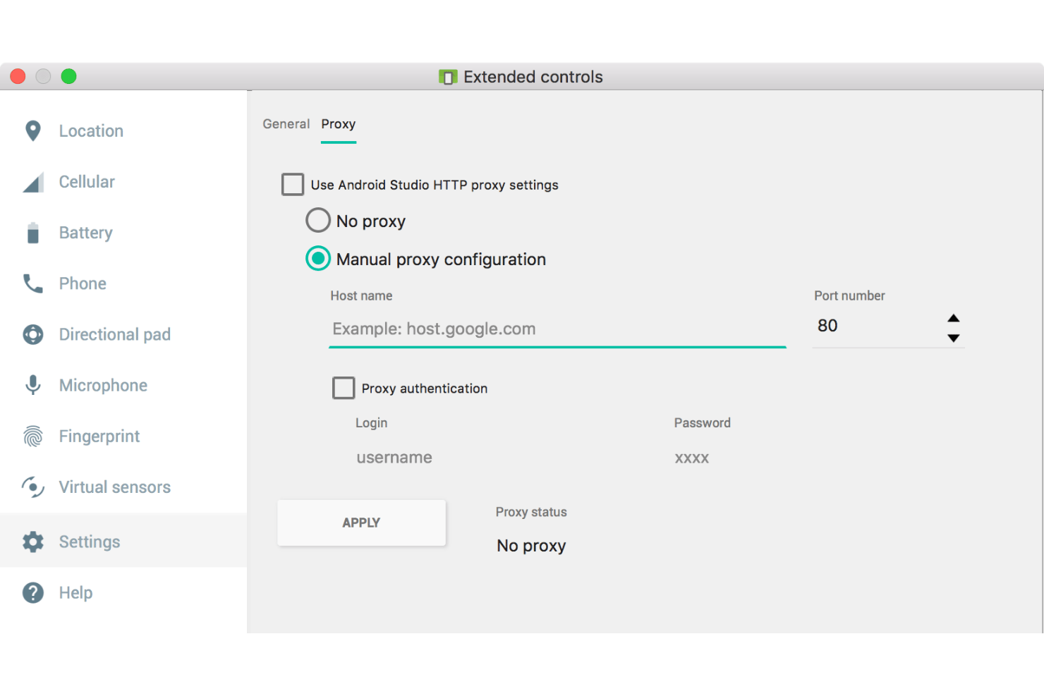 Les commandes avancées d'Android Studio affichent la configuration manuelle du proxy avec des champs pour le nom d'hôte et le port.