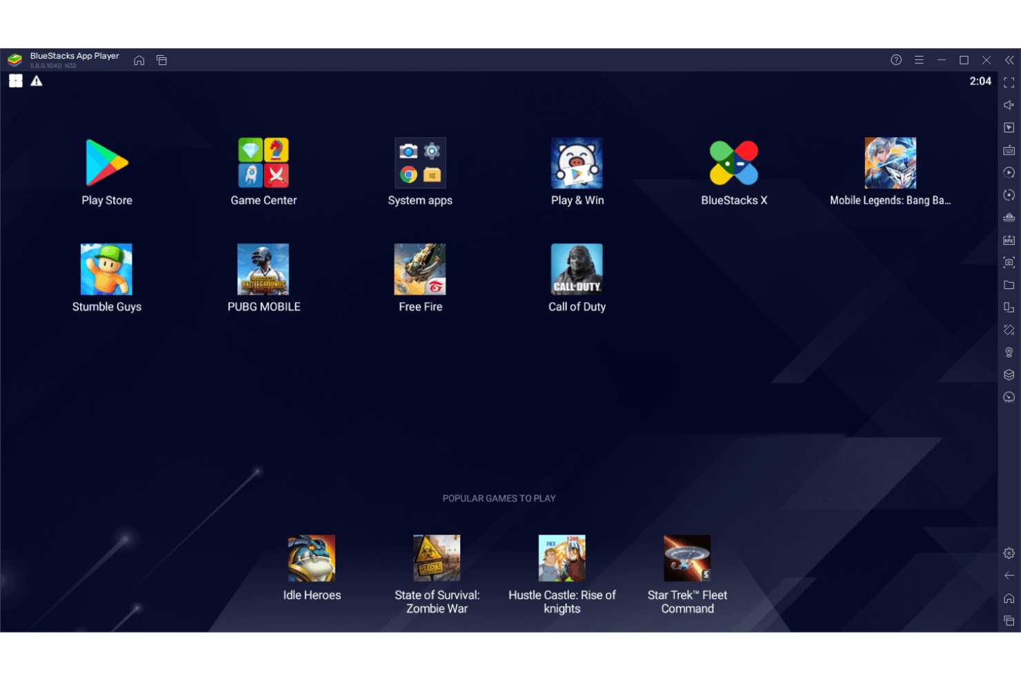Écran d'accueil de BlueStacks App Player affichant des jeux mobiles et des icônes d'applications sur le bureau.