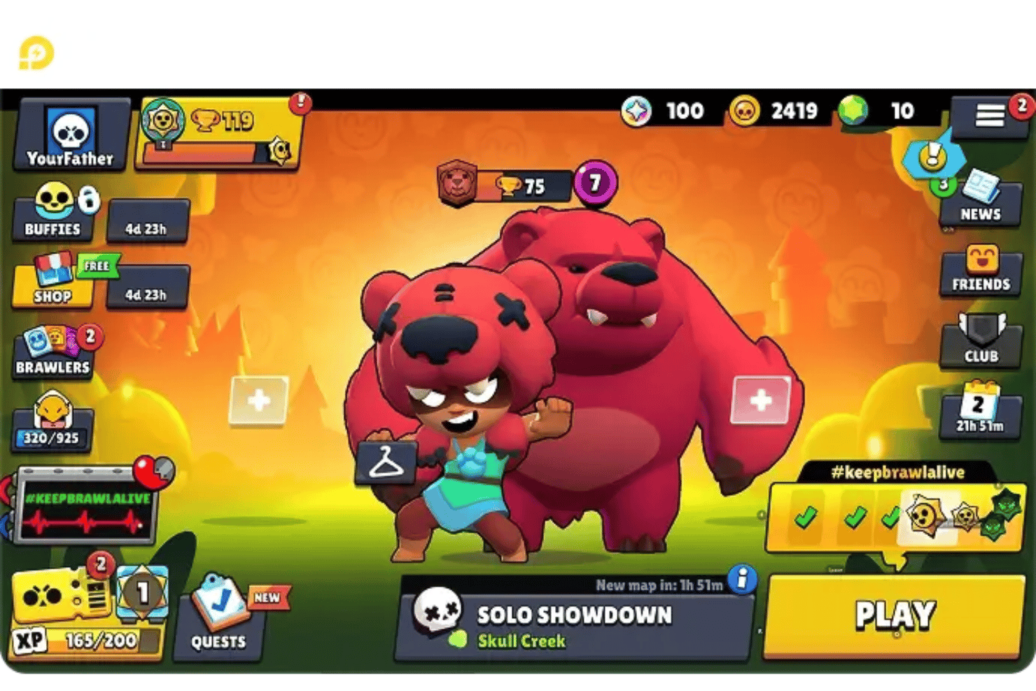 Écran principal de Brawl Stars affichant le mode Affrontement solo avec un personnage-ours sur un émulateur mobile.