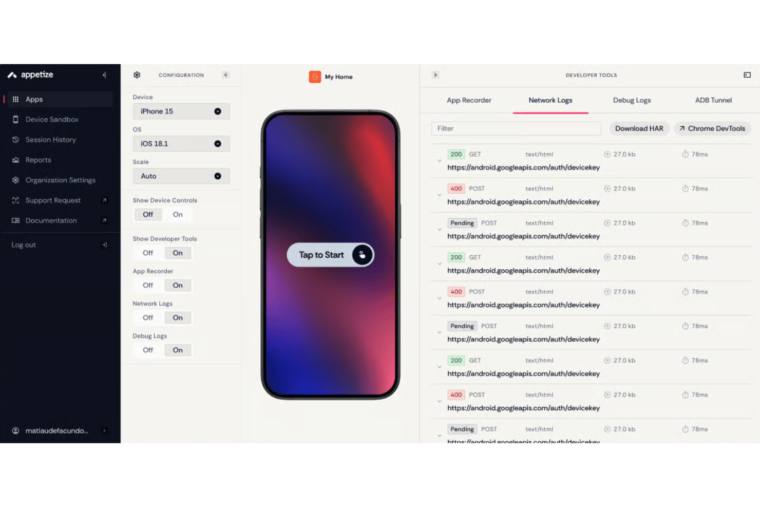 Tableau de bord Appetize.io affichant le simulateur d’un iPhone 15 avec le panneau des journaux réseau ouvert.