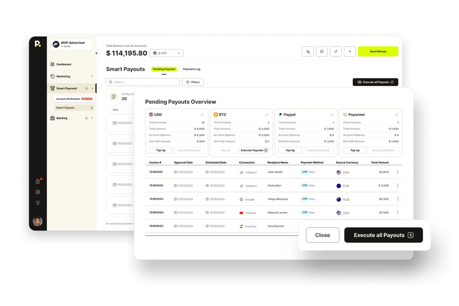 Übersicht von Smart Payouts mit einer Übersicht der ausstehenden Auszahlungen in USD, BTC, PayPal und Payoneer.