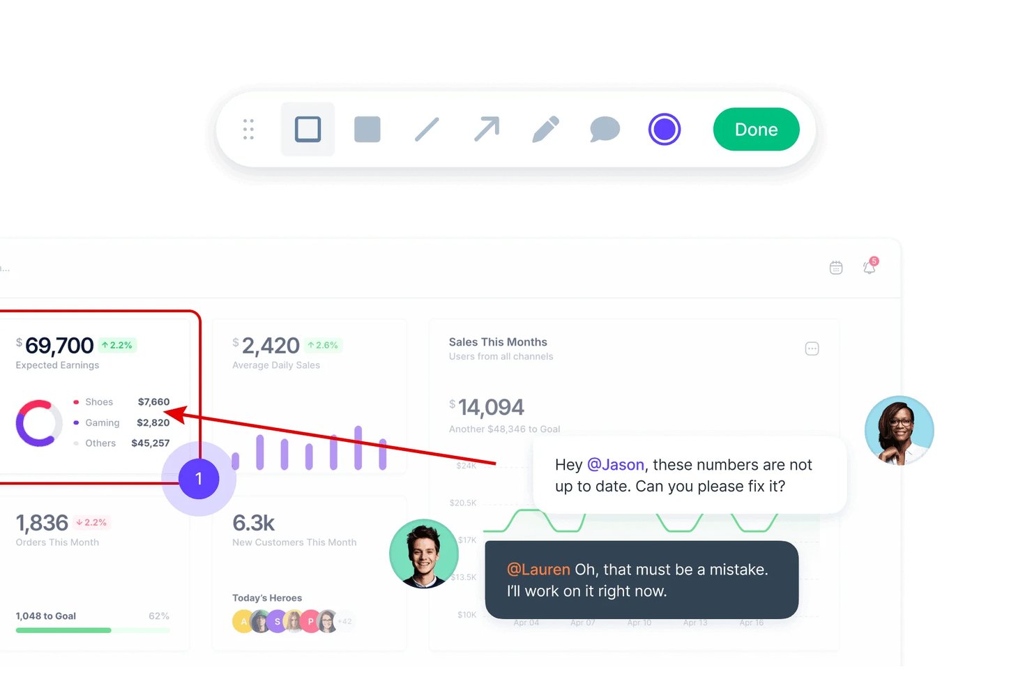 Panel de Userback con barra de herramientas de anotación y superposición del hilo de comentarios del equipo.