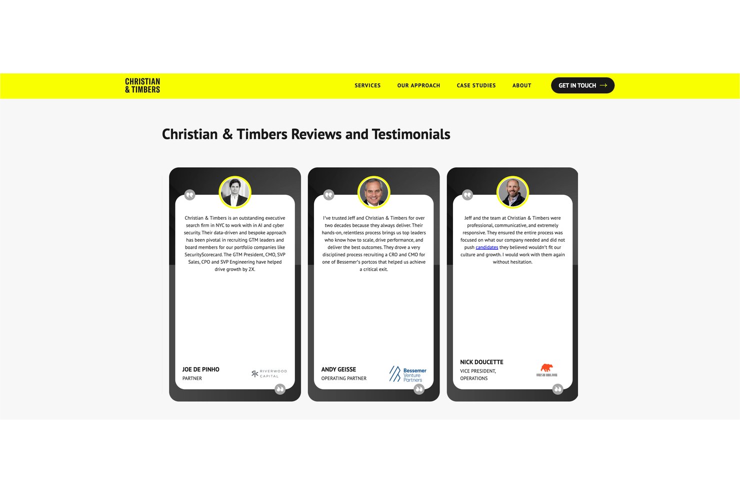 Christian &amp; Timbers reviews page with three client testimonial cards from executives.