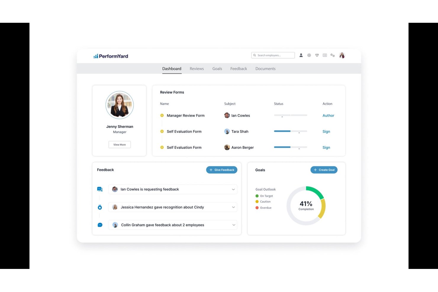 PerformYard-Dashboard mit Beurteilungsformularen, Feedback-Feed und Diagramm zum Zielerreichungsgrad.