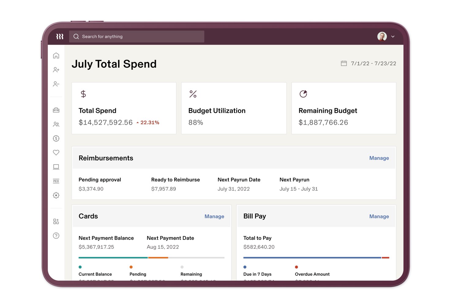 Dashboard di Rippling Spend che mostra la spesa totale, l'utilizzo del budget, i rimborsi, le carte e il pagamento delle fatture.