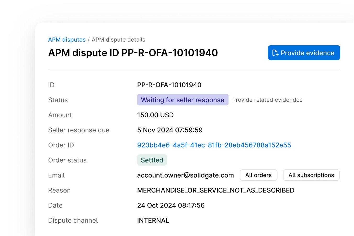 Solidgate APM dispute detail page showing status, amount, and evidence button.