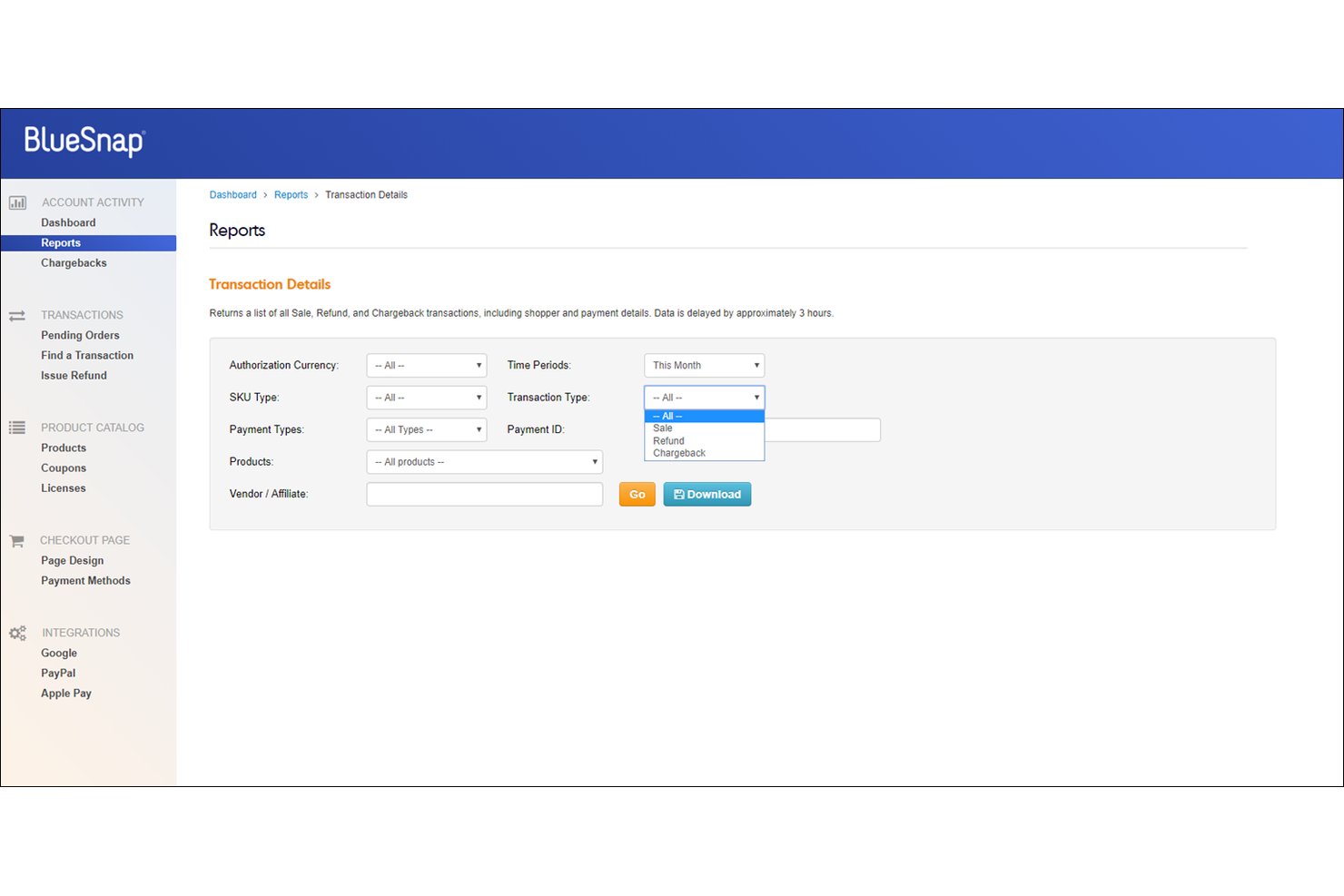 BlueSnap Reports page showing Transaction Details form with dropdown filters.