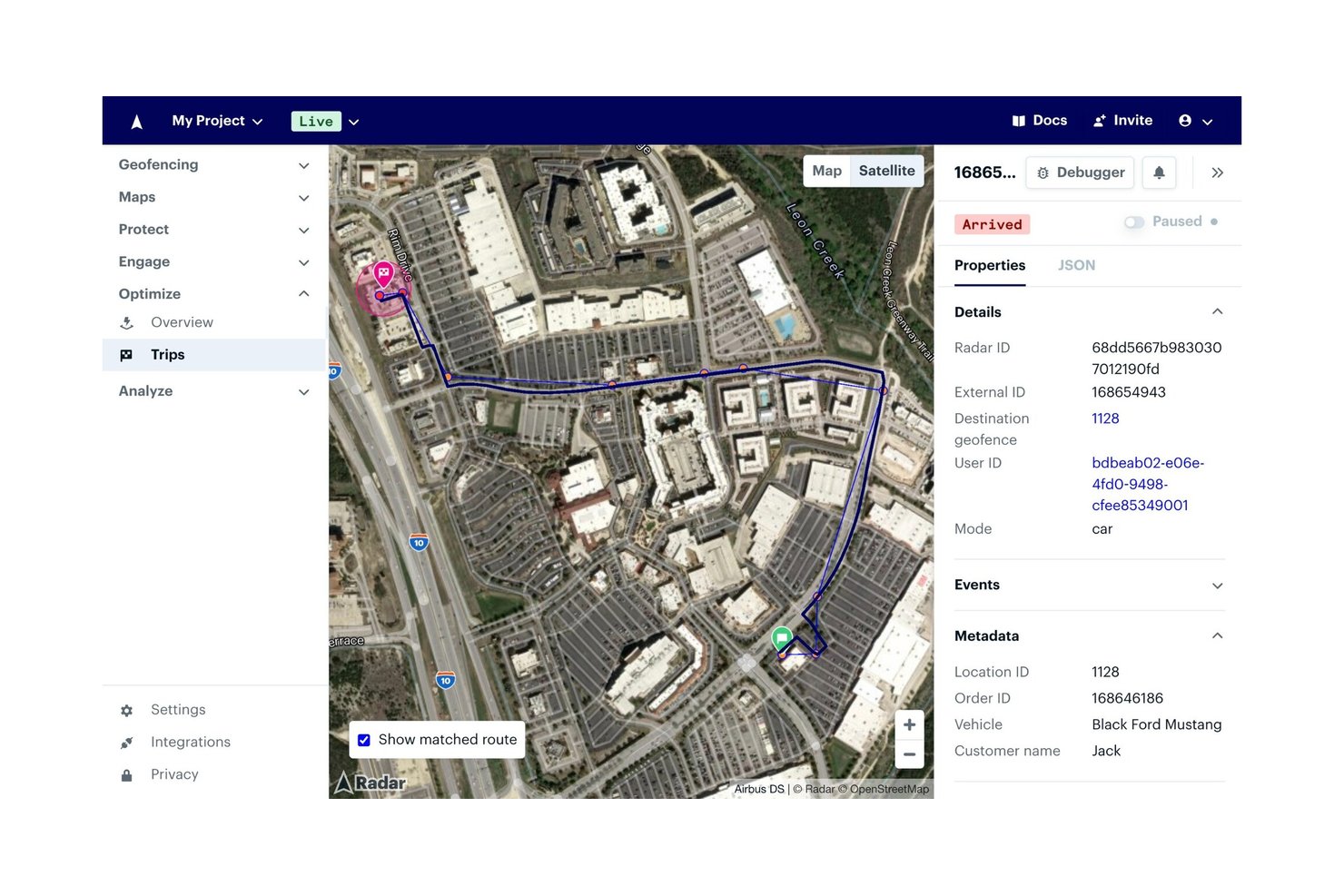 Radar dashboard showing a live trip map with delivery route and trip details panel.