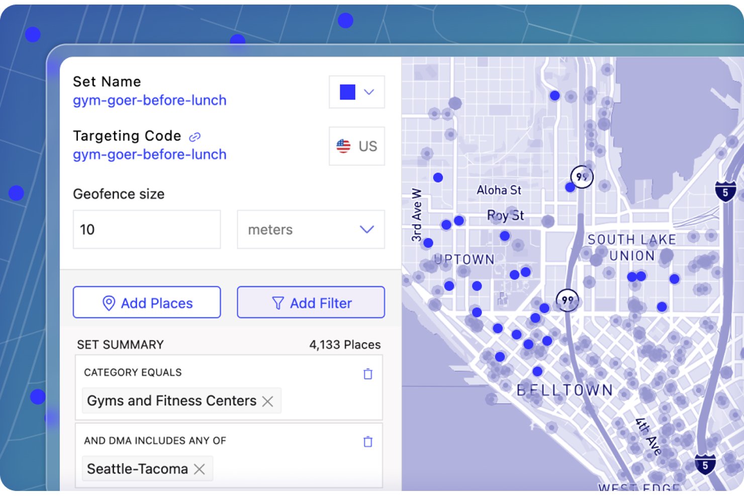 Interfaccia di Foursquare che mostra su una mappa le impostazioni del recinto geografico per le palestre nell'area Seattle-Tacoma.