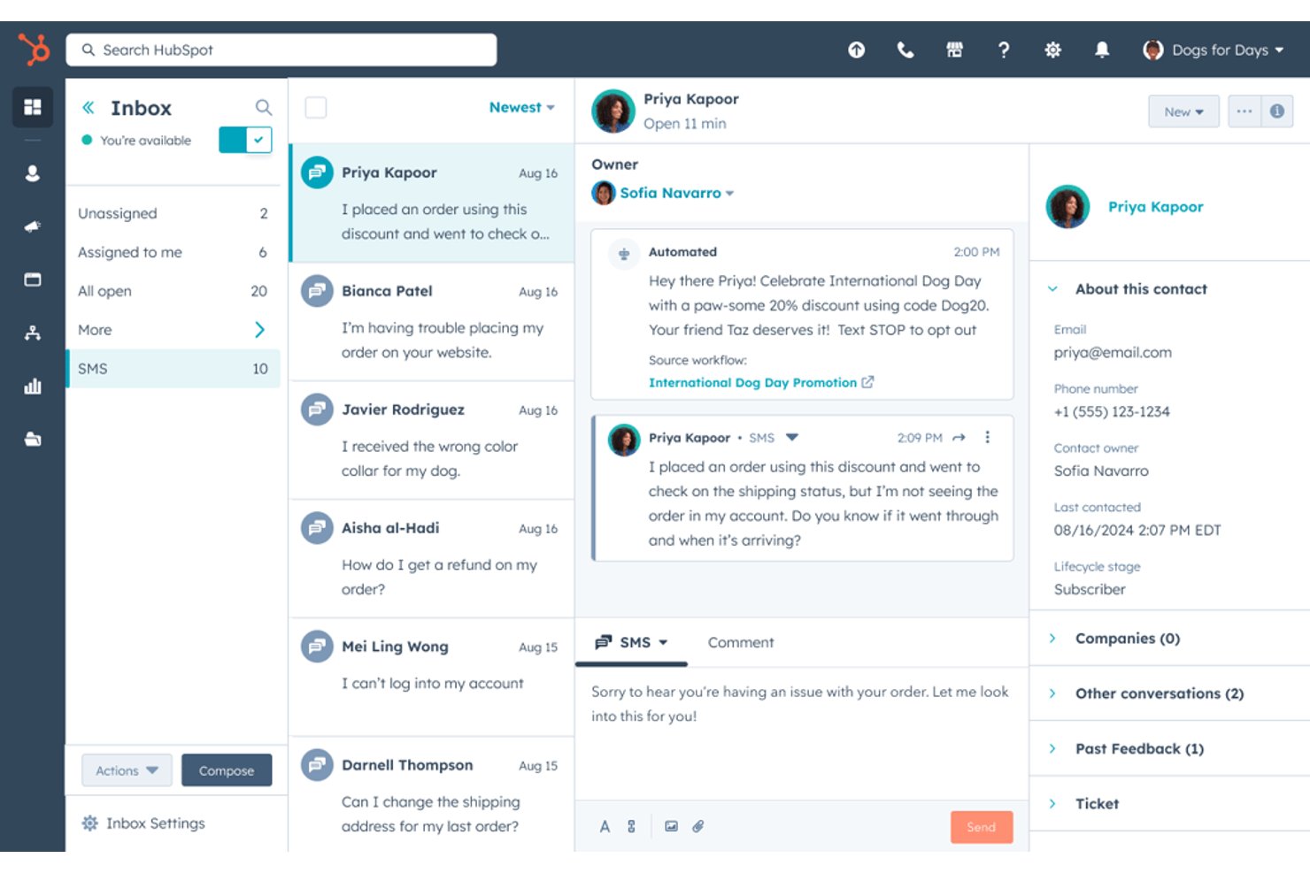 HubSpot CRM-inkorg som visar en SMS-konversation med en kund om en orderförfrågan.