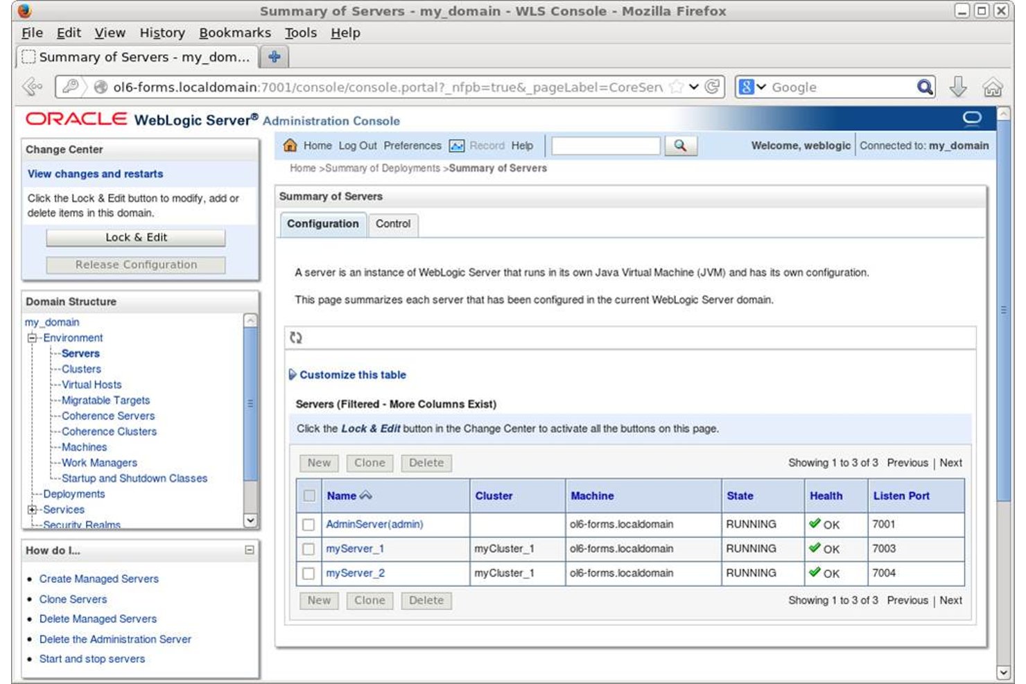 WebLogic Admin Console Summary of Servers showing three servers with RUNNING status.