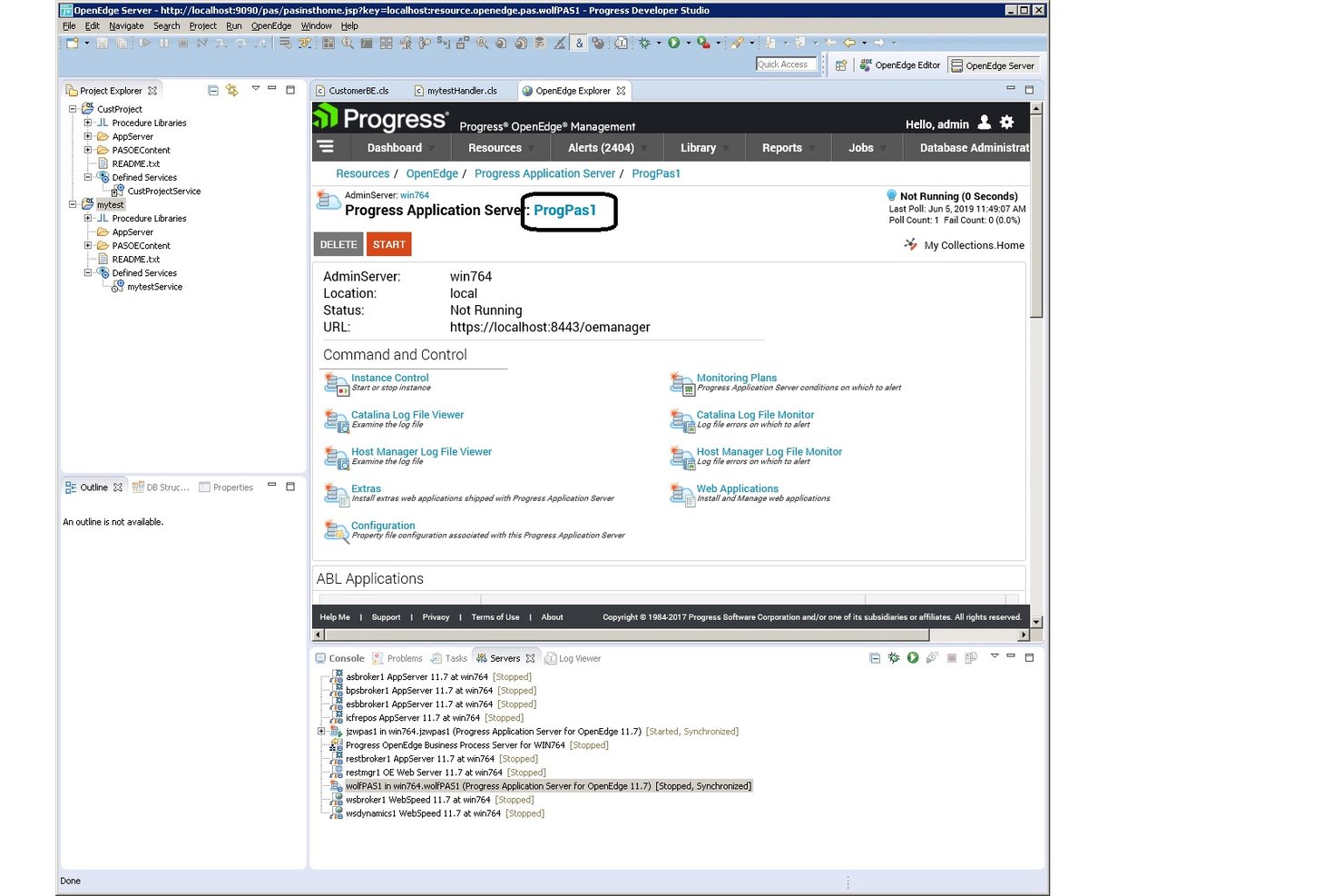 Progress OpenEdge Management console showing ProgPas1 application server status and controls.
