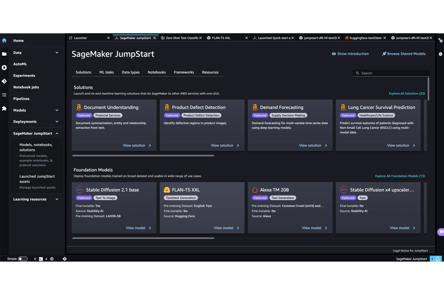 Pannello di controllo di Amazon SageMaker JumpStart che mostra modelli NLP e modelli di base per la distribuzione.
