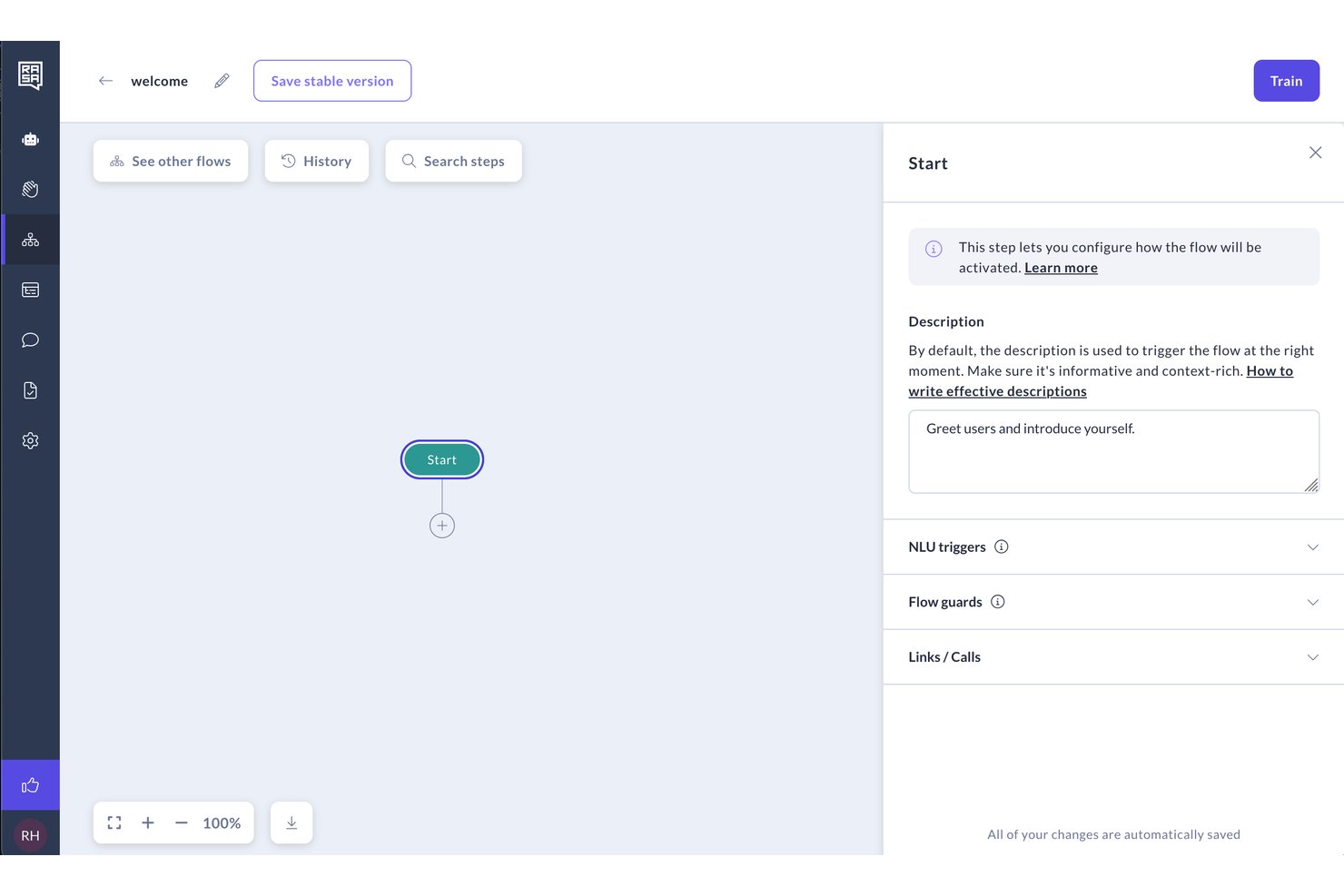 Generatore di flussi di Rasa che mostra un nodo Avvio con descrizione e pannello di configurazione.