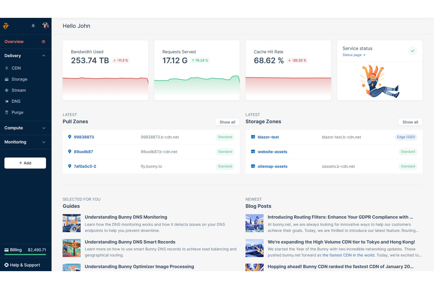 bunny.net dashboard showing bandwidth, requests, cache hit rate, and storage zones.