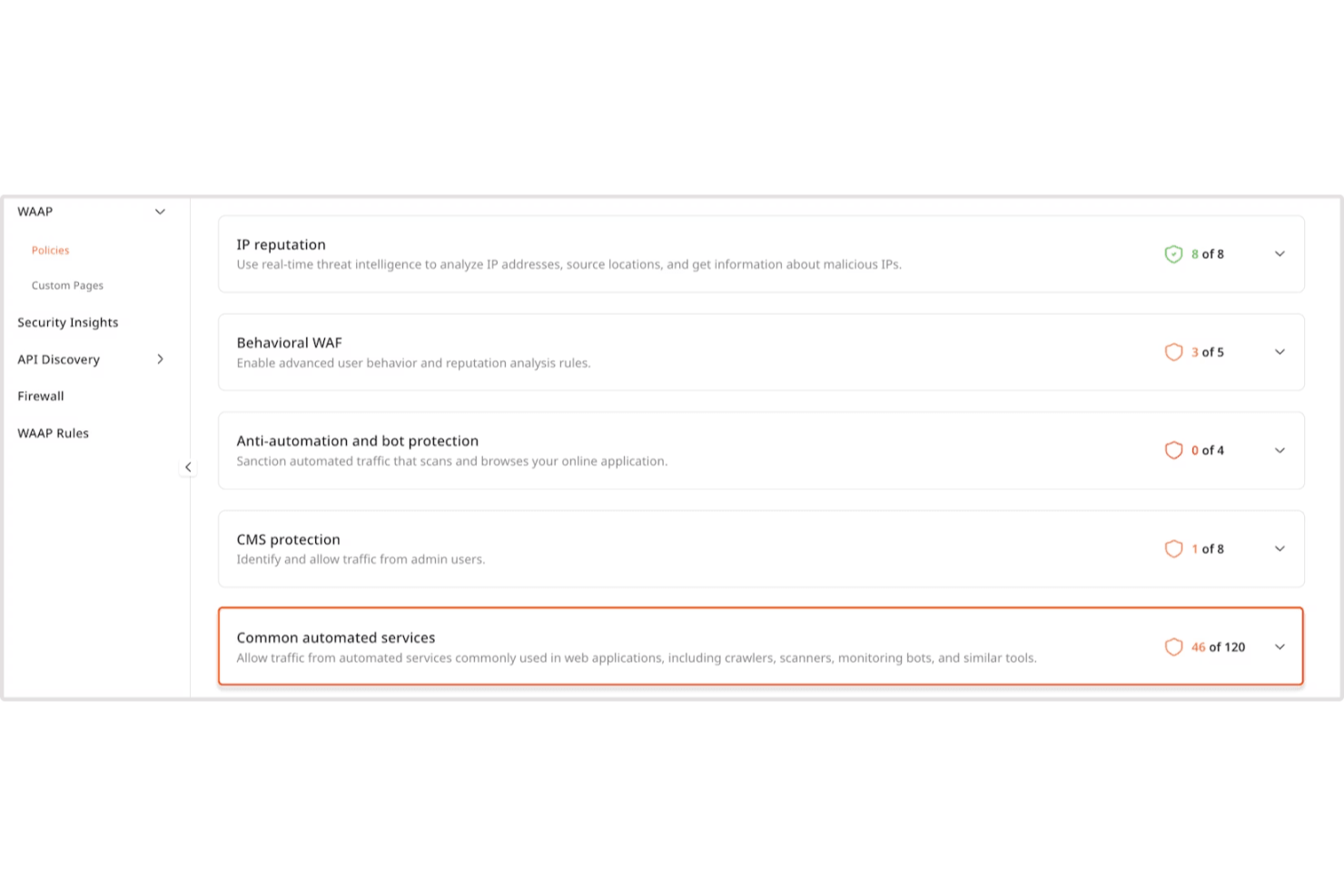 Gcore WAAP policies dashboard showing IP reputation, WAF, and bot protection settings.
