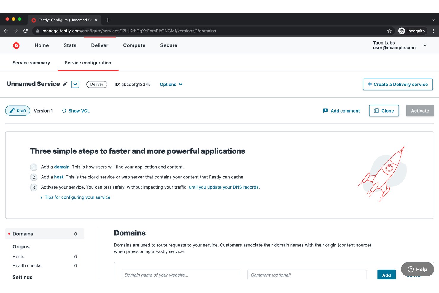 Fastly service configuration page showing domain setup form and three-step onboarding guide.