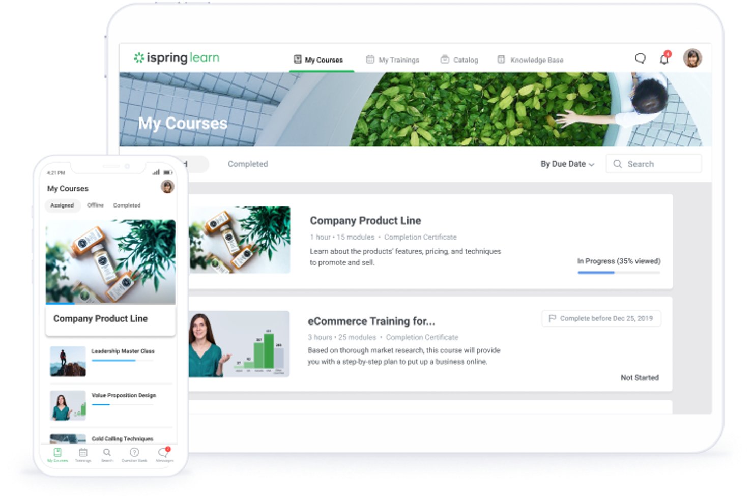 Application Web et mobile iSpring LMS affichant le tableau de bord Mes cours avec la progression des cours.